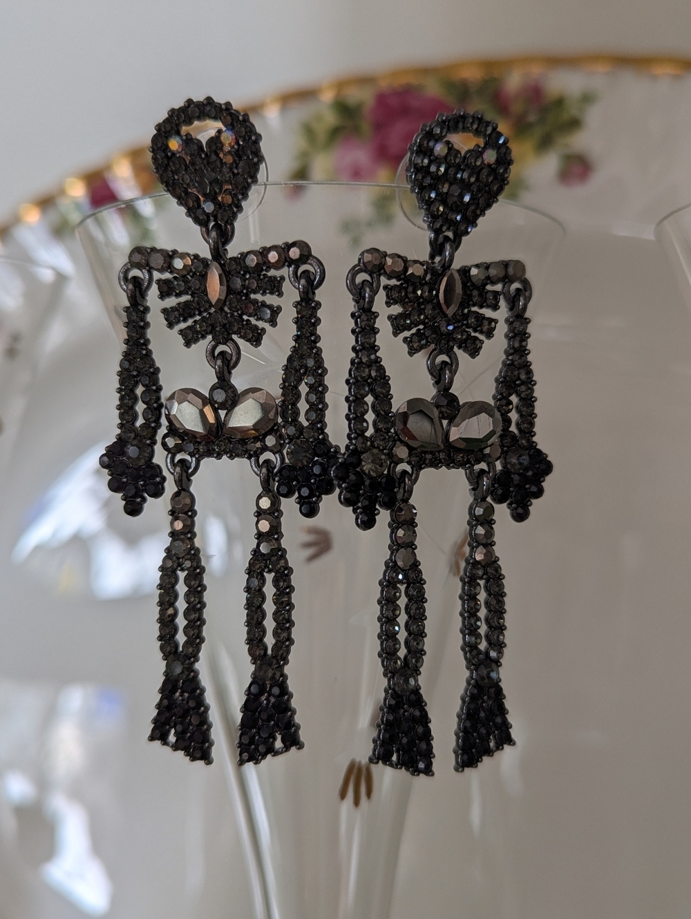 💀🖤Earrings Statement Black Crystal Skeleton Halloween Costume Whimsigoth - Picture 7 of 8